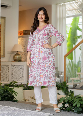 Deepyog Women Printed Straight Kurta(Pink)