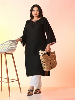 PrettyPlus by Desinoor.com Women Embroidered Straight Kurta(Black)