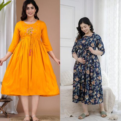 Cool Style Women Printed Gown Kurta(Yellow, Blue)