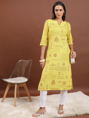 Vishudh Women Printed Straight Kurta(Yellow, Gold)