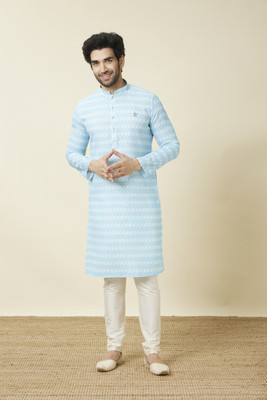 MANYAVAR Men Printed Straight Kurta(White, Light Blue)