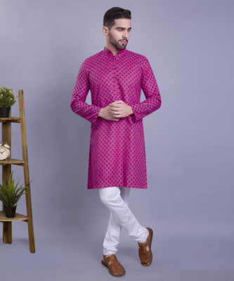 HLOOM Men Printed Straight Kurta(Pink, Dark Blue)