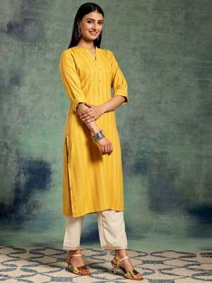 LIBAS Women Striped Straight Kurta(Yellow)