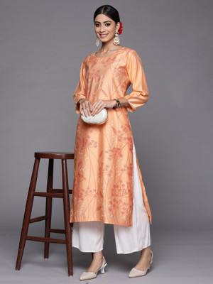 Indo Era Women Floral Print Straight Kurta(Orange, Red)
