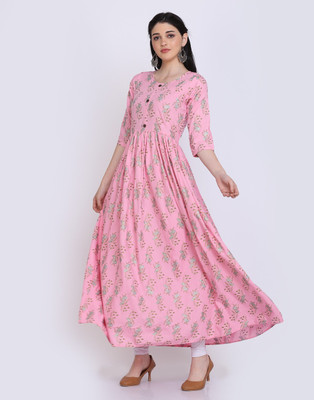 HANUMNTRA Women Printed Flared Kurta(Pink)