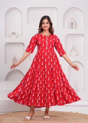 KUnzkes Women Fit and Flare Red Midi/Calf Length Dress
