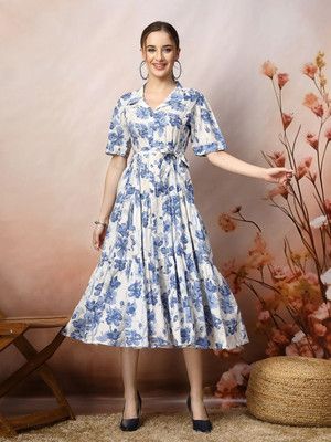 fashionstreet Women Fit and Flare Blue Midi/Calf Length Dress