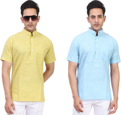 Kavita Fasion Men Solid Straight Kurta(Yellow, Light Blue)