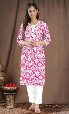 SMEnterprises Women Printed Straight Kurta(Pink, White)