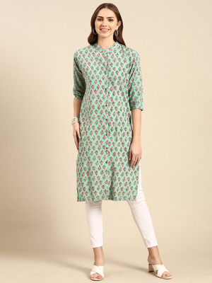 SHOWOFFFF Women Printed Straight Kurta(Light Green)