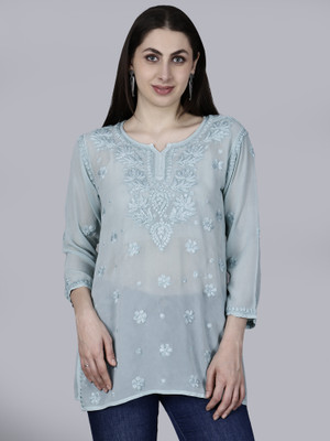 The Chikankari Story Women Chikan Embroidery Straight Kurta(Light Green)