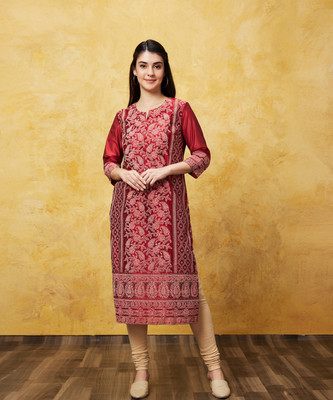 Globus Women Printed Straight Kurta(Maroon)