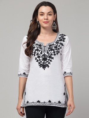 MILLIONS CHOICE STORE Women Embroidered Straight Kurta(White, Black)