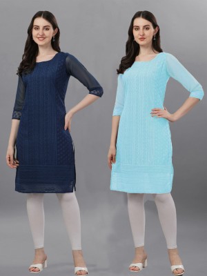 ZAZADIYA ENTERPRISE Women Chikan Embroidery Straight Kurta(Blue, Light Blue)