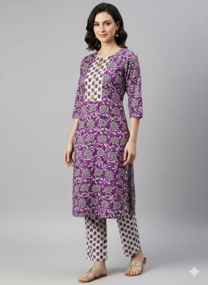 nahak Women Floral Print, Printed Straight Kurta(Purple)