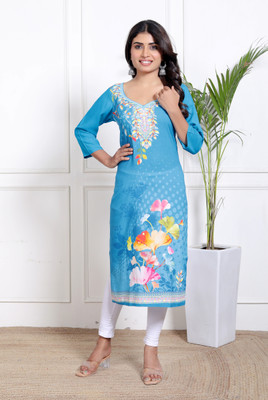 DIGIVASTRA Women Floral Print, Printed, Geometric Print, Polka Print Straight Kurta(Blue)