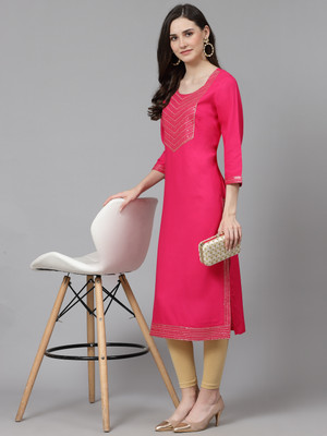his&her Women Embroidered Straight Kurta(Pink)