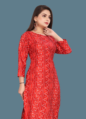 AKK Enterprise Women Printed Straight Kurta(Red, White, Maroon)