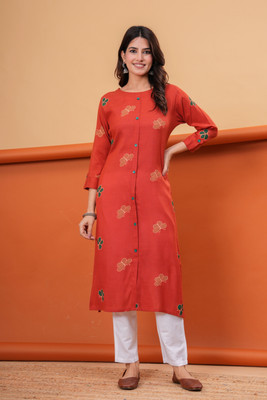 DCEE PLUS Women Floral Print Straight Kurta(Orange)