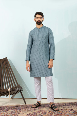 ShivLeela Men Embroidered Straight Kurta(Grey)