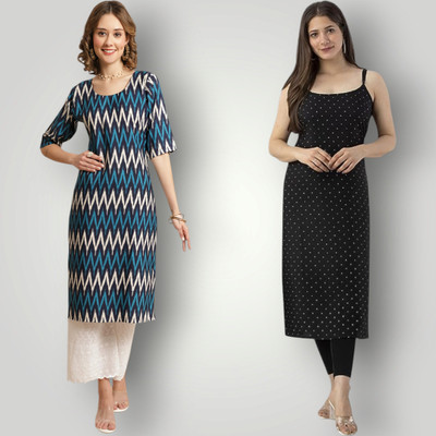 KAUTAQI Women Printed Straight Kurta(Multicolor)