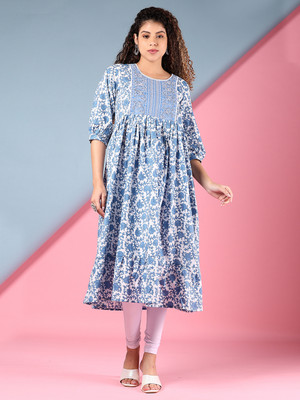 V-MART Women Printed A-line Kurta(Blue)