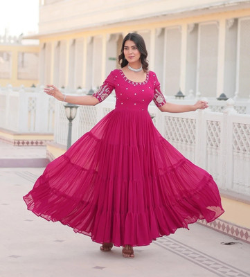 FOXDX Women Embellished Flared Kurta(Pink)