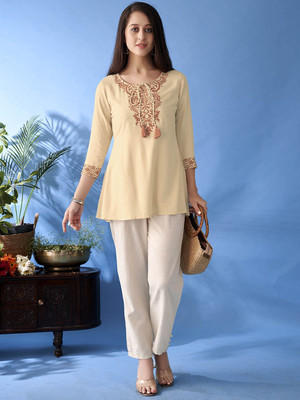 ANOUK Women Embroidered A-line Kurta(Beige)