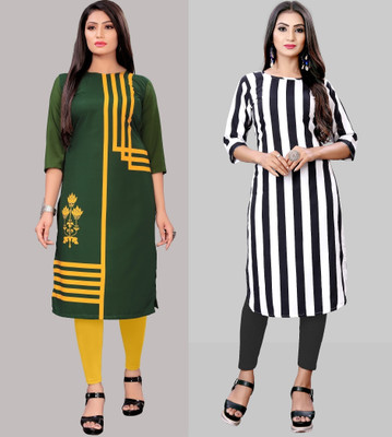 maruti fab Women Striped, Printed A-line Kurta(Green, White)