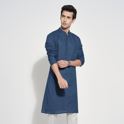 Indus Route by Pantaloons Men Solid Straight Kurta(Blue)