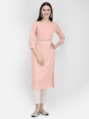 Span Women Self Design Straight Kurta(Pink)