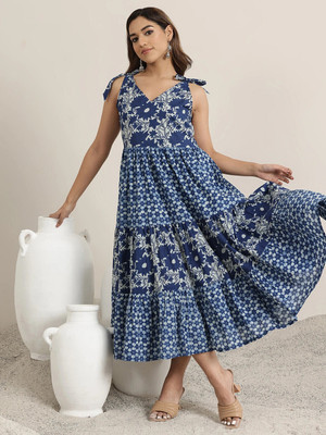 LIBAS Women Printed Flared Kurta(Blue)