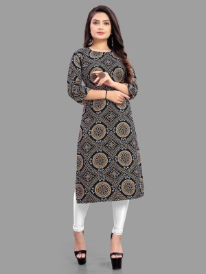 dharmanandan creation Women Printed Straight Kurta(Black)