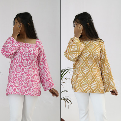 aanzri Women Floral Print, Geometric Print, Printed, Bandhani Tunic Kurta(Pink, Yellow)