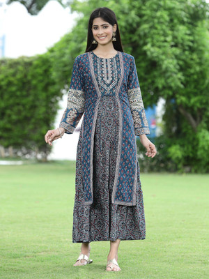 Juniper Women Printed Flared Kurta(Blue)