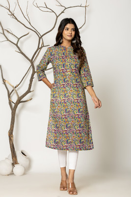 Jaipuri Bunaai Women Printed, Kalamkari, Geometric Print, Self Design Straight Kurta(Multicolor)
