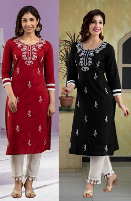 vikshi Women Embroidered Straight Kurta(Maroon, Black)