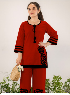 NAIDA Women Chikan Embroidery, Striped A-line Kurta(Red, Black)