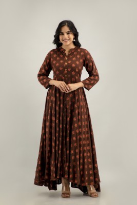 jaipurite Women Floral Print Anarkali Kurta(Brown)