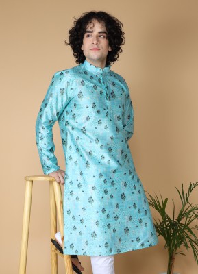 Namaskar Men Printed Straight Kurta(Light Blue, Black, White)