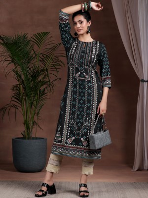 LIBAS Women Printed Straight Kurta(Black)