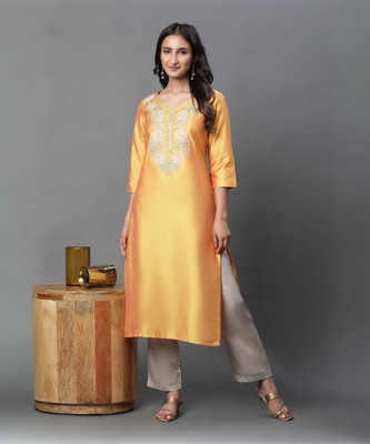 Aurelia Women Embroidered Straight Kurta(Yellow)
