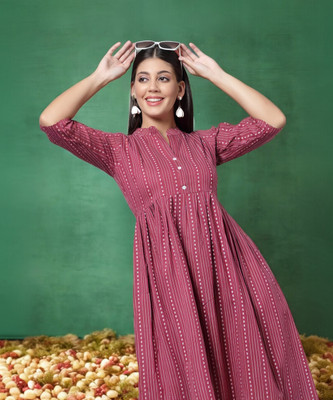 Ladylaz Women Striped A-line Kurta(Multicolor)