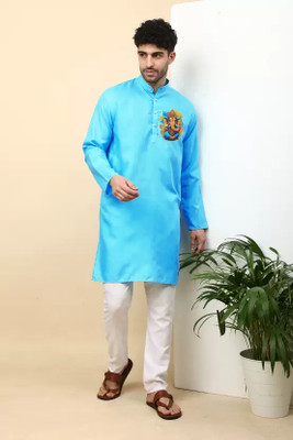 Enmozz Men Embroidered Straight Kurta(Light Blue)