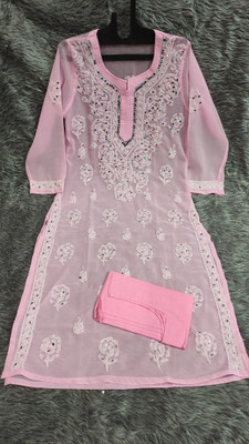 Neelam Chikan Women Chikan Embroidery, Embroidered Straight Kurta(Pink)
