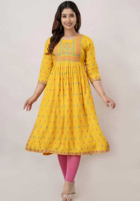 RUDRAKSH CREATION Women Printed Flared Kurta(Yellow)