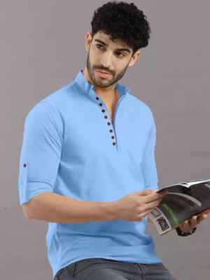 omkar Men Solid Straight Kurta(Light Blue)