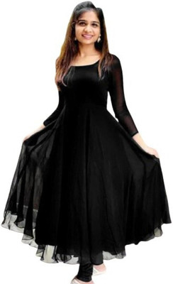 mdfab Women Solid Anarkali Kurta(Black)