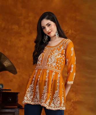 HERE&NOW Women Chikan Embroidery Flared Kurta(Yellow)