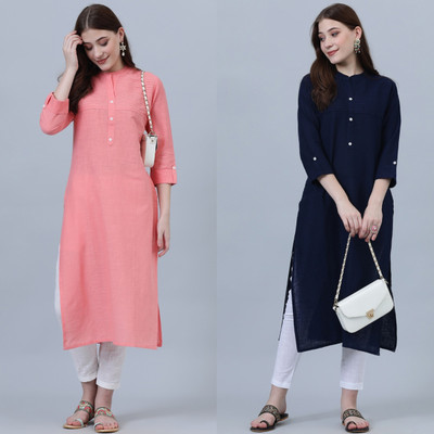 blue lemon Women Solid Straight Kurta(Pink, Blue)